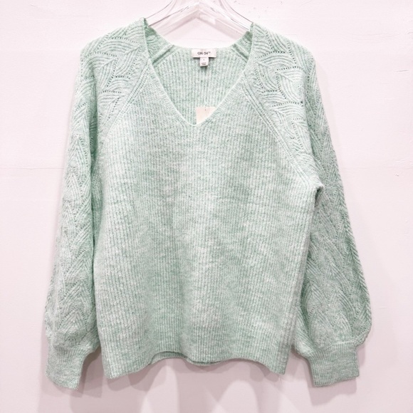 ON 34th Sweaters - On 34th Cozy Pullover Sweater V-Neck Mint Frost Heather Large Open Knit